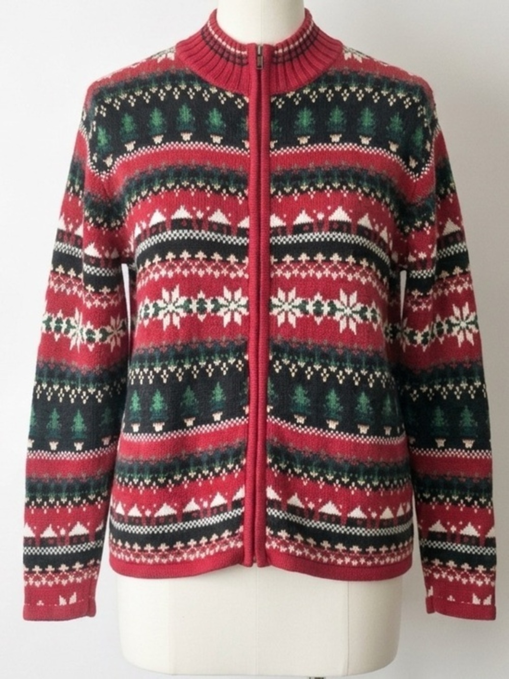 Heirloom Collectibles Y2K Christmas Zip Cardigan Snowflake Tree Sweater Medium